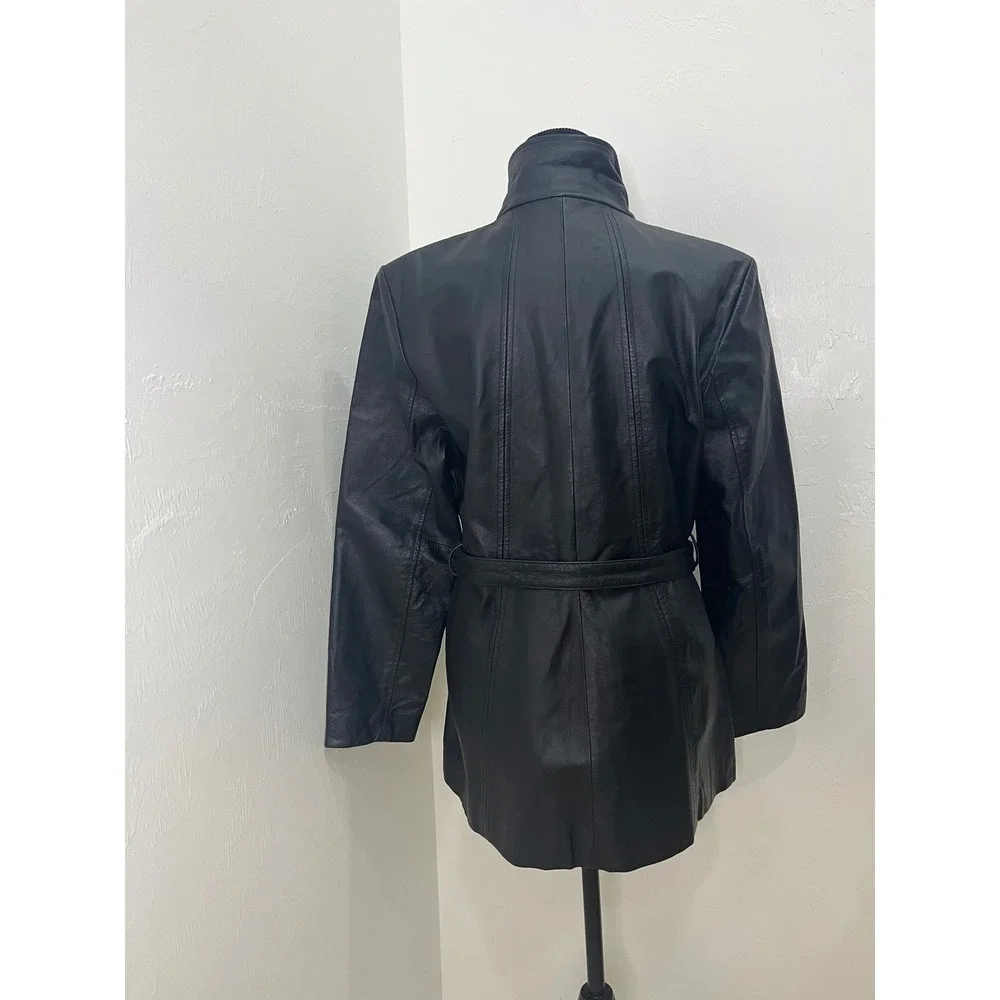 Worthington Leather Jacket Women Medium Black Good Belted Nappa Zip‎ Coat
